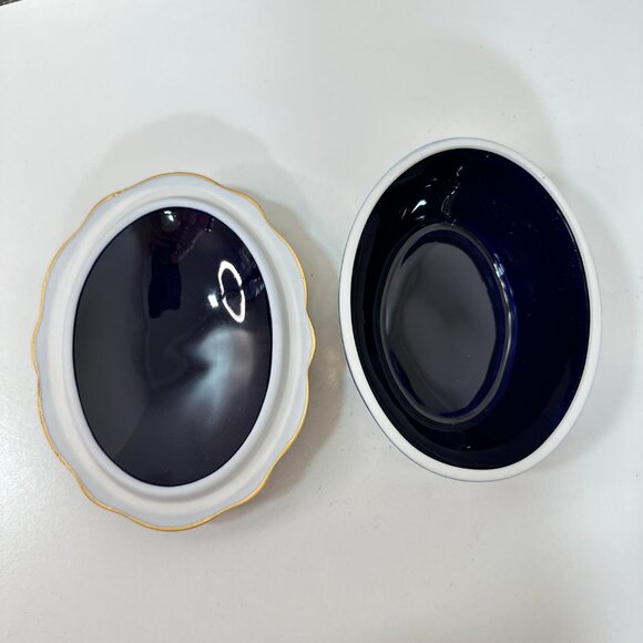 VTG Limoges Castel France Deep Cobalt Blue 22K Courting Scene Trinket Box EUC - Picture 11 of 16